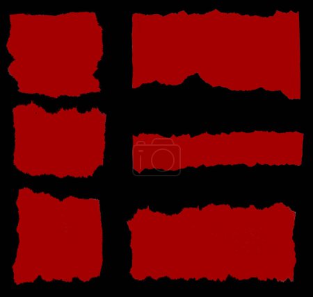 Téléchargez les photos : Six morceaux de papier rouge déchiré sur fond noir - en image libre de droit