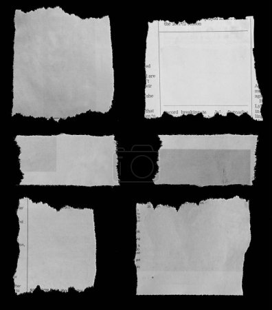 Photo for Six pieces of torn newspaper on black background - Royalty Free Image