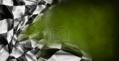 Téléchargez les photos : Drapeau à carreaux noir et blanc sur fond vert - en image libre de droit