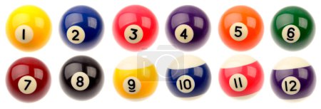 Foto de Doce bolas de billar aisladas sobre fondo blanco - Imagen libre de derechos