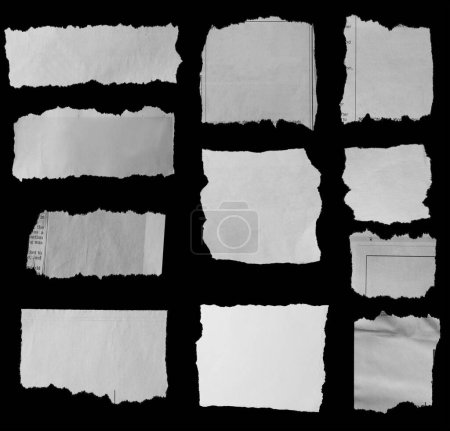 Téléchargez les photos : Onze morceaux de journal déchiré sur fond noir - en image libre de droit