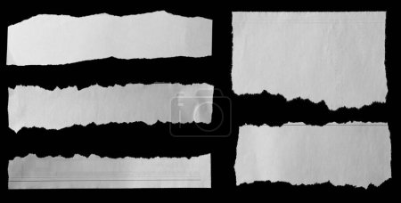 Téléchargez les photos : Cinq morceaux de journal déchiré sur fond noir - en image libre de droit