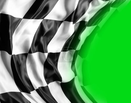Téléchargez les photos : Drapeau de course noir et blanc à carreaux sur fond vert - en image libre de droit