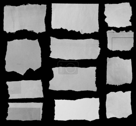 Téléchargez les photos : Douze morceaux de journal déchiré sur fond noir - en image libre de droit