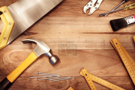 Photo for Assorted work tools on wood - Royalty Free Image