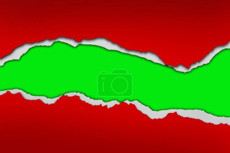 Photo for Hole ripped in red paper on green. Copy space. Christmas background. - Royalty Free Image