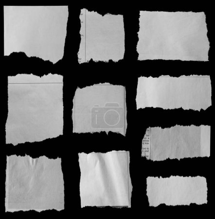 Photo for Ten pieces of torn newspaper on black background - Royalty Free Image