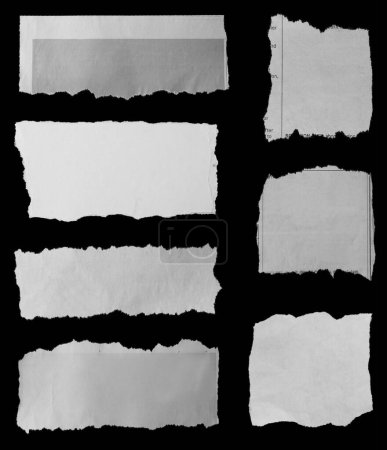 Foto de Siete pedazos de periódico roto sobre fondo negro - Imagen libre de derechos