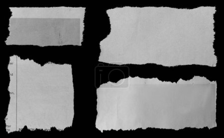 Téléchargez les photos : Quatre morceaux de journal déchiré sur fond noir - en image libre de droit