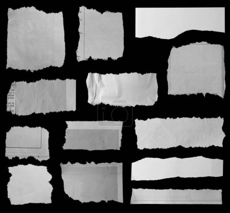 Téléchargez les photos : Treize morceaux de journal déchiré sur fond noir - en image libre de droit