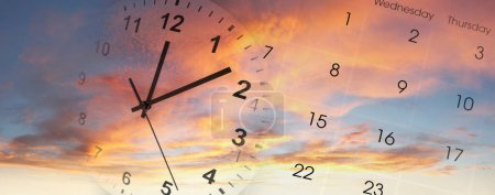 Foto de Reloj y calendario en el cielo. El tiempo pasa - Imagen libre de derechos