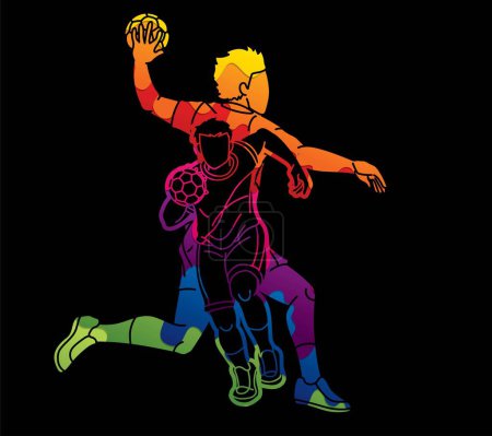 Group of Handball Sport Male Players Action Cartoon Graphic Vector
