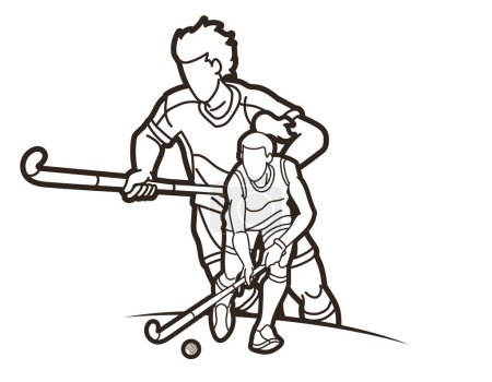 Illustration for Field Hockey Sport Team Male and Female Players Action Together Cartoon Graphic Vector - Royalty Free Image