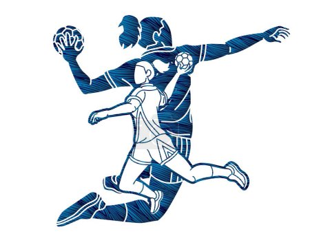 Téléchargez les illustrations : Groupe de Joueuses de Handball Mélange Action Cartoon Sport Graphic Vector - en licence libre de droit