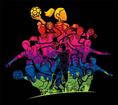 Ilustración de Grupo de Balonmano Jugadoras Mezcla Acción Dibujos Animados Deporte Gráfico Vector - Imagen libre de derechos