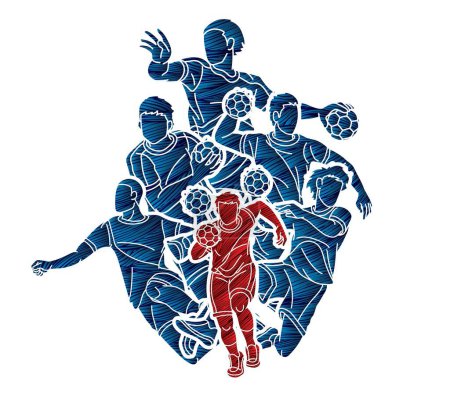 Handball Sport Joueurs masculins Equipe Hommes Mix Action Cartoon Graphic Vector