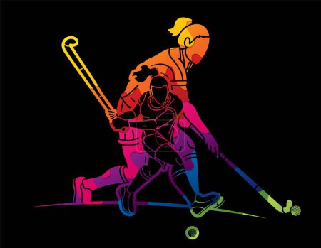 Illustration for Field Hockey Sport Team Female Players Action Together Cartoon Graphic Vector - Royalty Free Image