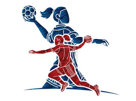 Group of Handball Players  Female Mix Action Cartoon Sport Team Graphic Vector