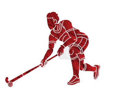 Ilustración de Campo Hockey Deporte Hombre Jugador Acción Dibujos Animados Esquema Gráfico Vector - Imagen libre de derechos