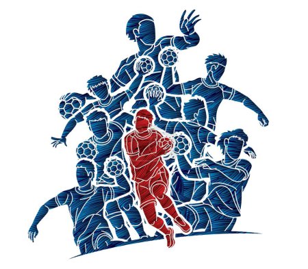 Téléchargez les illustrations : Groupe de Handball Sport Joueurs masculins Equipe Hommes Mix Action Cartoon Graphic Vector - en licence libre de droit