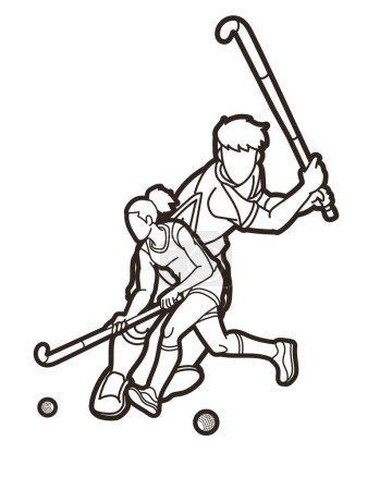 Téléchargez les illustrations : Groupe de joueurs masculins et féminins de l'équipe de hockey sur gazon Mix Action Cartoon Graphic Vector - en licence libre de droit