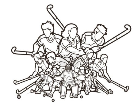 Illustration for Group of Field Hockey Sport Team Male and Female Players Mix Action Cartoon Graphic Vector - Royalty Free Image