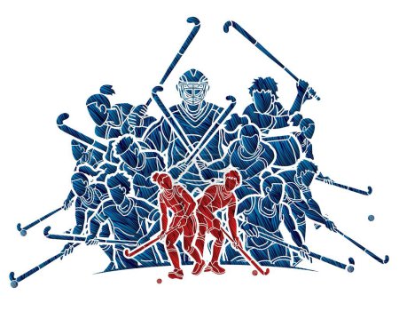 Téléchargez les illustrations : Groupe de joueurs masculins et féminins de l'équipe de hockey sur gazon Mix Action Cartoon Graphic Vector - en licence libre de droit