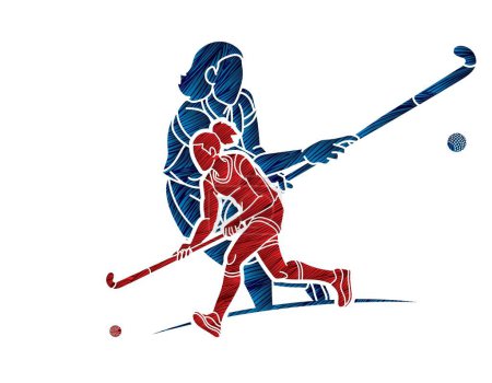 Téléchargez les illustrations : Hockey sur gazon Sport Équipe Joueuses Action Ensemble Cartoon Graphic Vector - en licence libre de droit
