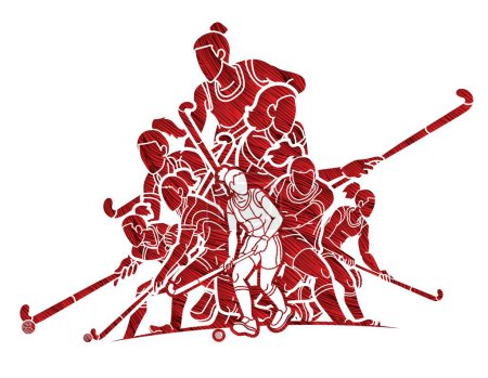 Téléchargez les illustrations : Hockey sur gazon Sport Équipe Joueuses Action Ensemble Cartoon Graphic Vector - en licence libre de droit