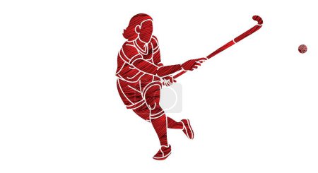 Téléchargez les illustrations : Hockey sur gazon Sport Joueuse Action Cartoon Graphic Vector - en licence libre de droit