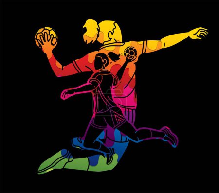 Téléchargez les illustrations : Groupe de Joueuses de Handball Action Mix Féminin Cartoon Sport Team Graphic Vector - en licence libre de droit