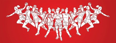 Ilustración de Grupo de jugadores de balonmano Mezcla femenina Acción Dibujos animados Deporte Equipo Gráfico Vector - Imagen libre de derechos