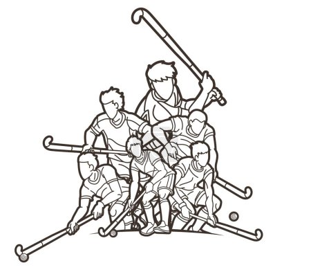 Téléchargez les illustrations : Groupe de Hockey sur gazon Sport Joueurs Masculins Mélange Action Cartoon Graphic Vector - en licence libre de droit
