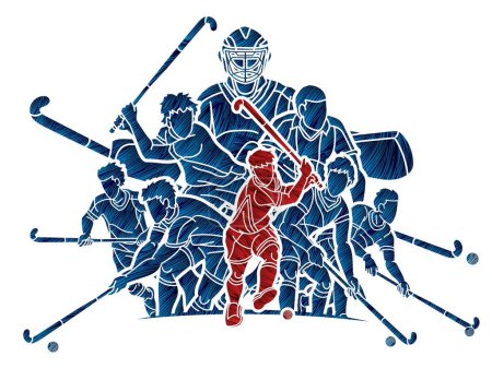 Téléchargez les illustrations : Groupe de Hockey sur gazon Sport Joueurs Masculins Mélange Action Cartoon Graphic Vector - en licence libre de droit