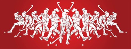 Illustration for Team Field Hockey Sport Female Players Action Together Cartoon Graphic Vector - Royalty Free Image