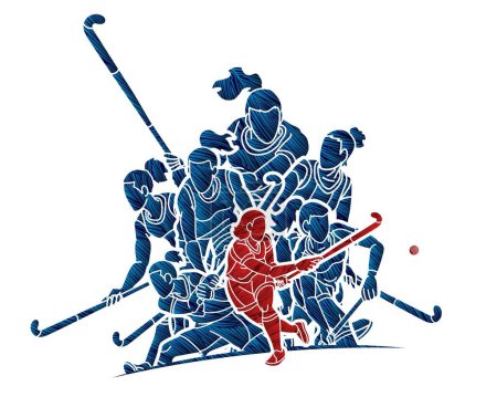 Téléchargez les illustrations : Équipe Hockey sur gazon Sport Joueuses Action Ensemble Cartoon Graphic Vector - en licence libre de droit