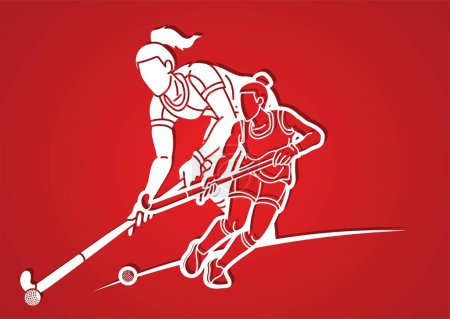 Illustration for Team Field Hockey Sport Female Players Action Together Cartoon Graphic Vector - Royalty Free Image