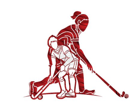 Ilustración de Group of Field Hockey Sport Male an Female Players Mix Action Cartoon Graphic Vector - Imagen libre de derechos