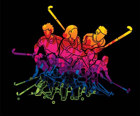 Téléchargez les illustrations : Group of Field Hockey Sport Male an Female Players Mix Action Cartoon Graphic Vector - en licence libre de droit