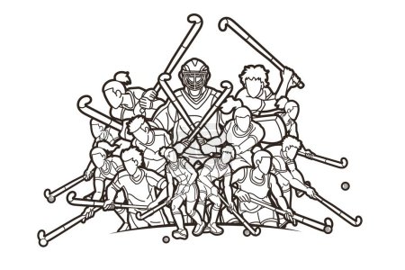 Ilustración de Group of Field Hockey Sport Male an Female Players Mix Action Cartoon Graphic Vector - Imagen libre de derechos