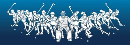 Téléchargez les illustrations : Group of Field Hockey Sport Male an Female Players Mix Action Cartoon Graphic Vector - en licence libre de droit