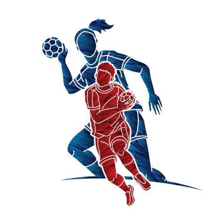 Illustration for Handball Sport Male and Female Players Team Mix Action Cartoon Graphic Vector - Royalty Free Image