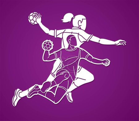 Ilustración de Handball Sport Male and Female Players Team Mix Action Cartoon Graphic Vector - Imagen libre de derechos