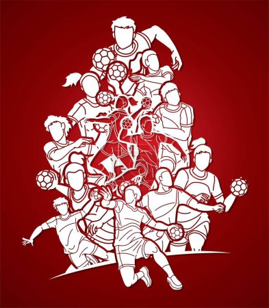 Téléchargez les illustrations : Handball Sport Male and Female Players Team Mix Action Cartoon Graphic Vector - en licence libre de droit