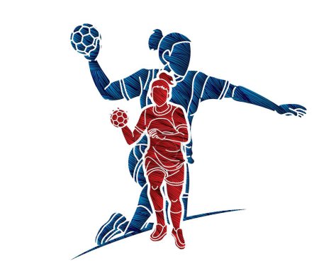 Téléchargez les illustrations : Handball Sport Female Players Mix Action Cartoon Graphic Vector - en licence libre de droit