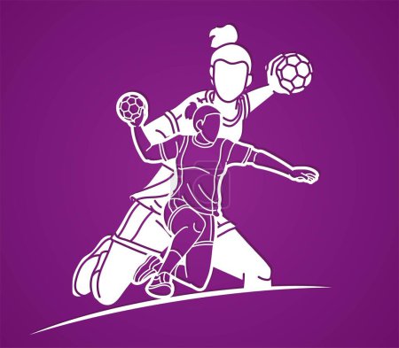Ilustración de Handball Sport Female Players Mix Action Cartoon Graphic Vector - Imagen libre de derechos
