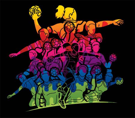 Illustration for Handball Sport Female Players Mix Action Cartoon Graphic Vector - Royalty Free Image