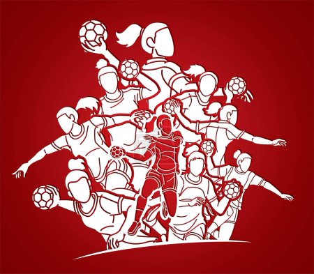 Ilustración de Handball Sport Female Players Mix Action Cartoon Graphic Vector - Imagen libre de derechos