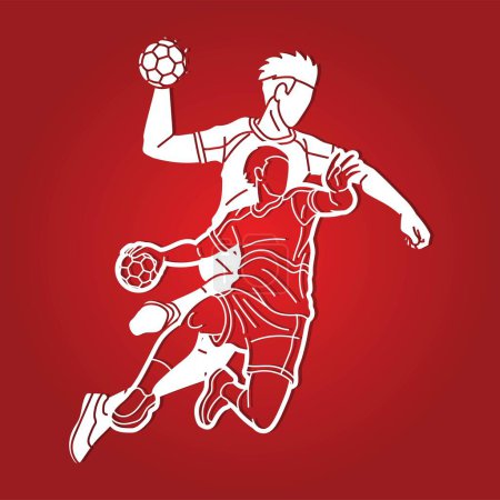 Téléchargez les illustrations : Handball Sport Male Players Mix Action Cartoon Graphic Vector - en licence libre de droit