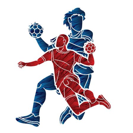 Illustration for Handball Sport Male Players Mix Action Cartoon Graphic Vector - Royalty Free Image